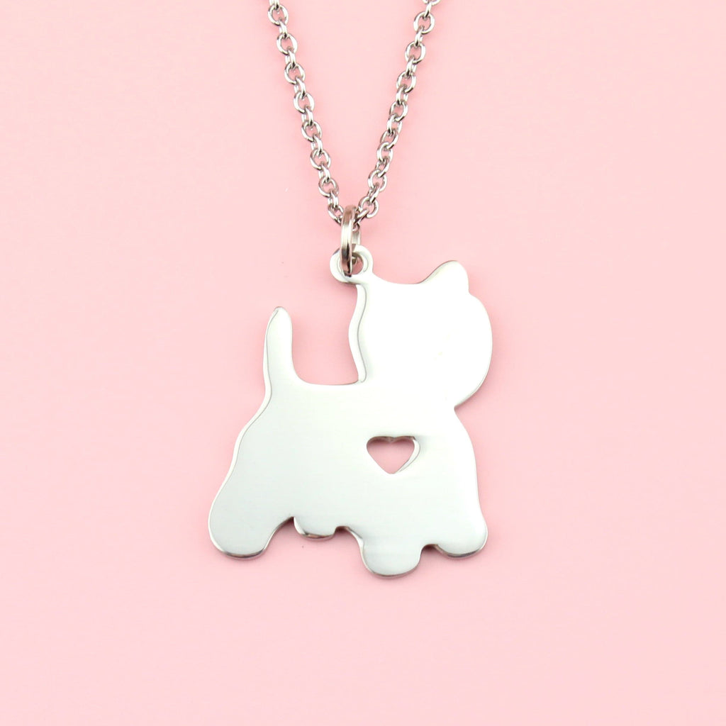 Stainless Steel necklace with a silver West Highland Terrier charm with a cut out heart