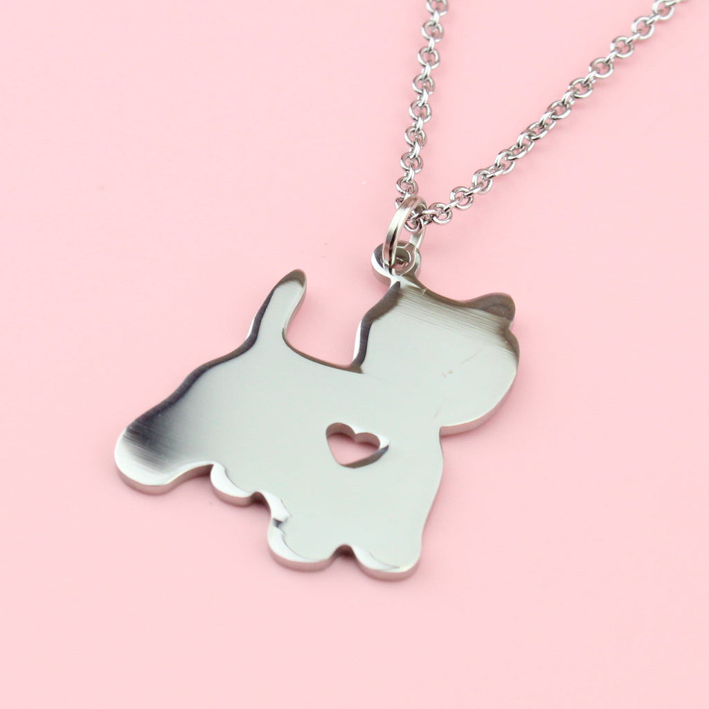 Stainless Steel necklace with a silver West Highland Terrier charm with a cut out heart