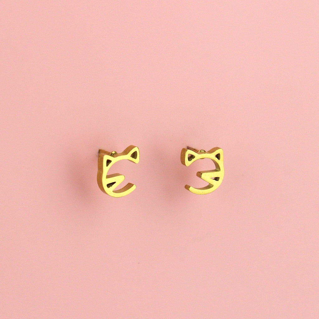 Cat Face Stud Earrings (Gold Plated) - Sour Cherry