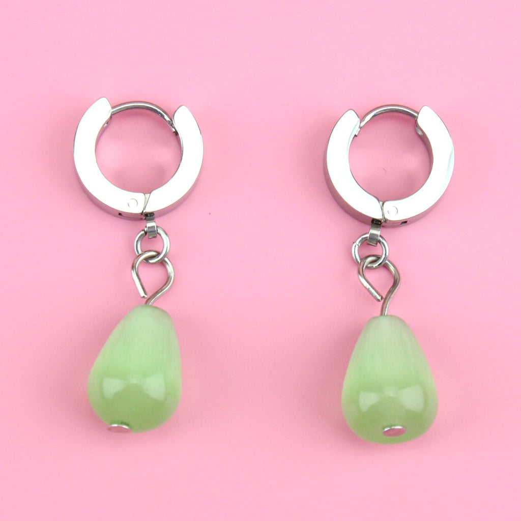 Green Cats Eye Pear Huggie Hoop Earrings - Sour Cherry