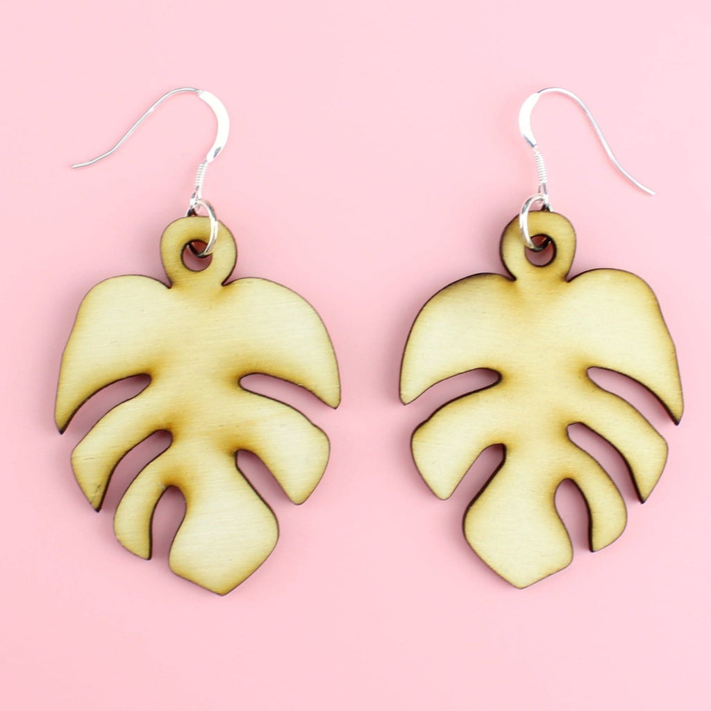 Large Monstera Earrings (Birch Wood) - Sour Cherry