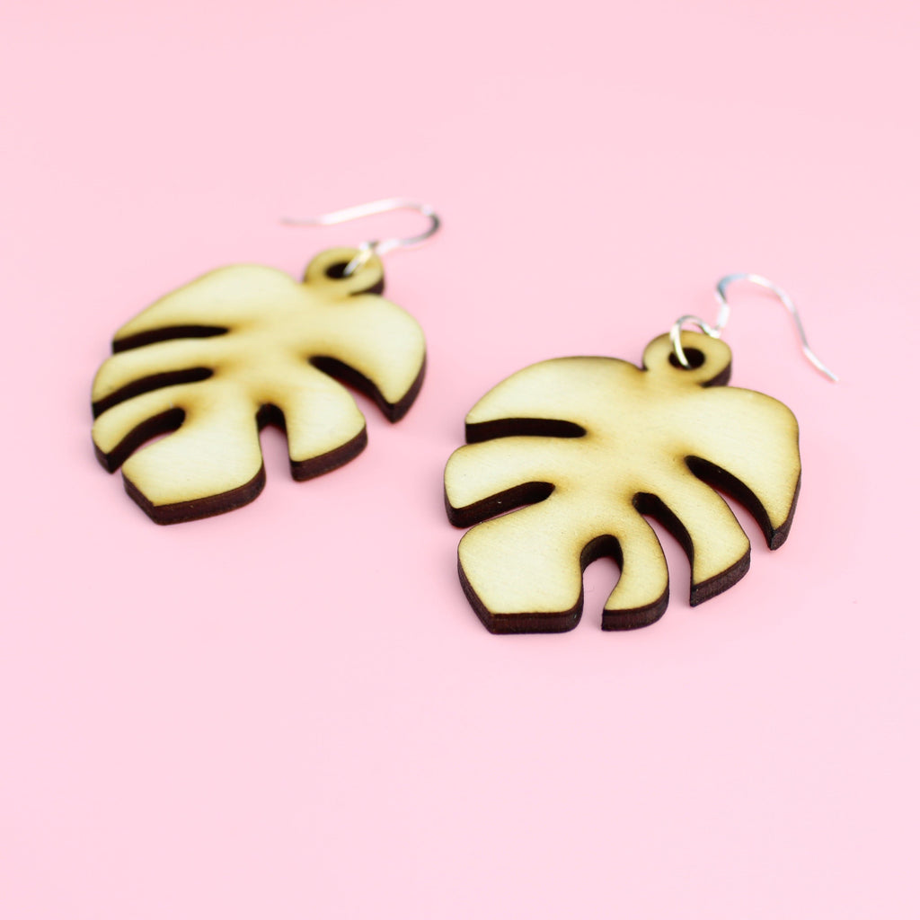 Large Monstera Earrings (Birch Wood) - Sour Cherry