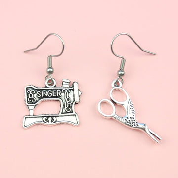 Singer Sewing Machine & Scissor Charms on stainless steel earwires