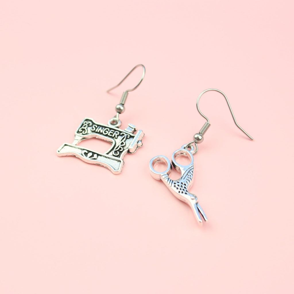 Singer Sewing Machine & Scissor Charms on stainless steel earwires