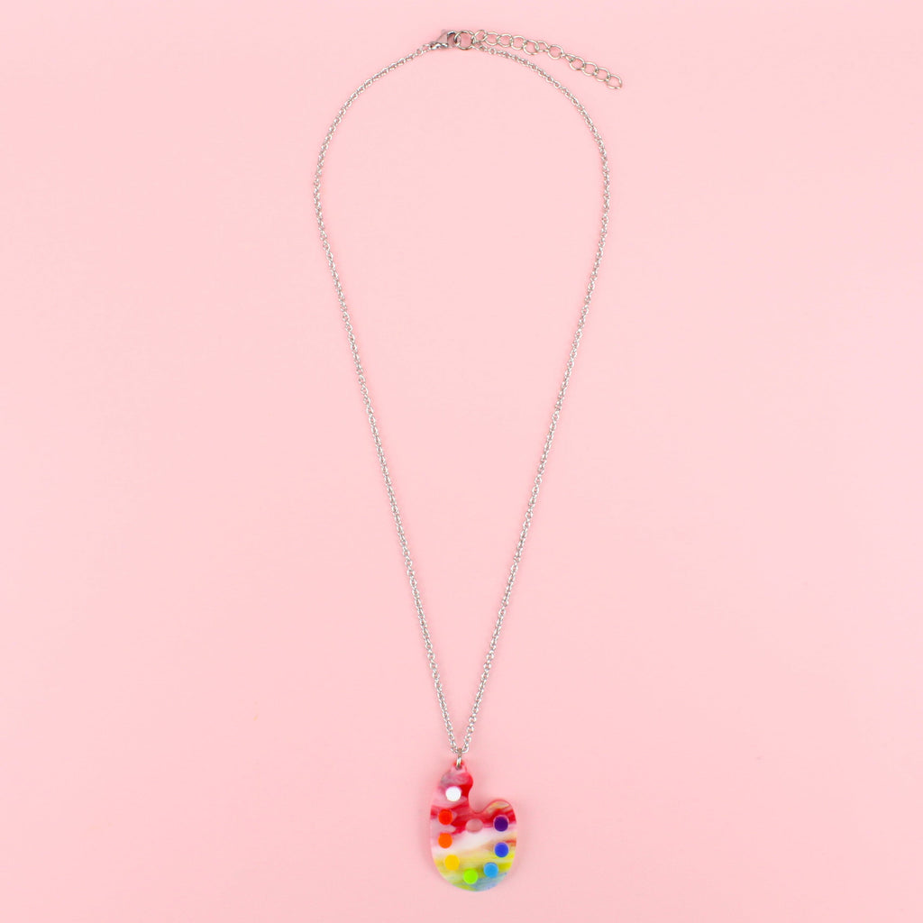 Art palette made out of marble acrylic with perspex paint spots on stainless steel chain