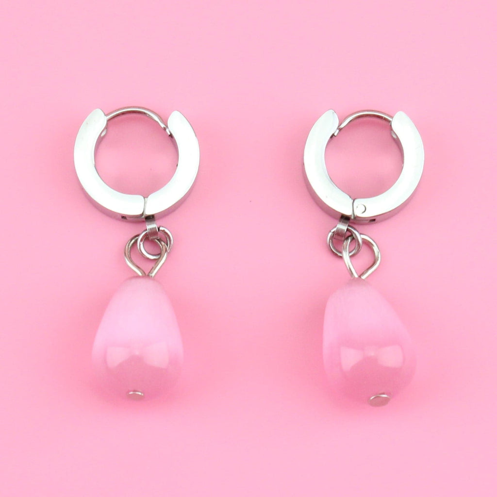 Pink Cats Eye Pear Huggie Hoop Earrings - Sour Cherry
