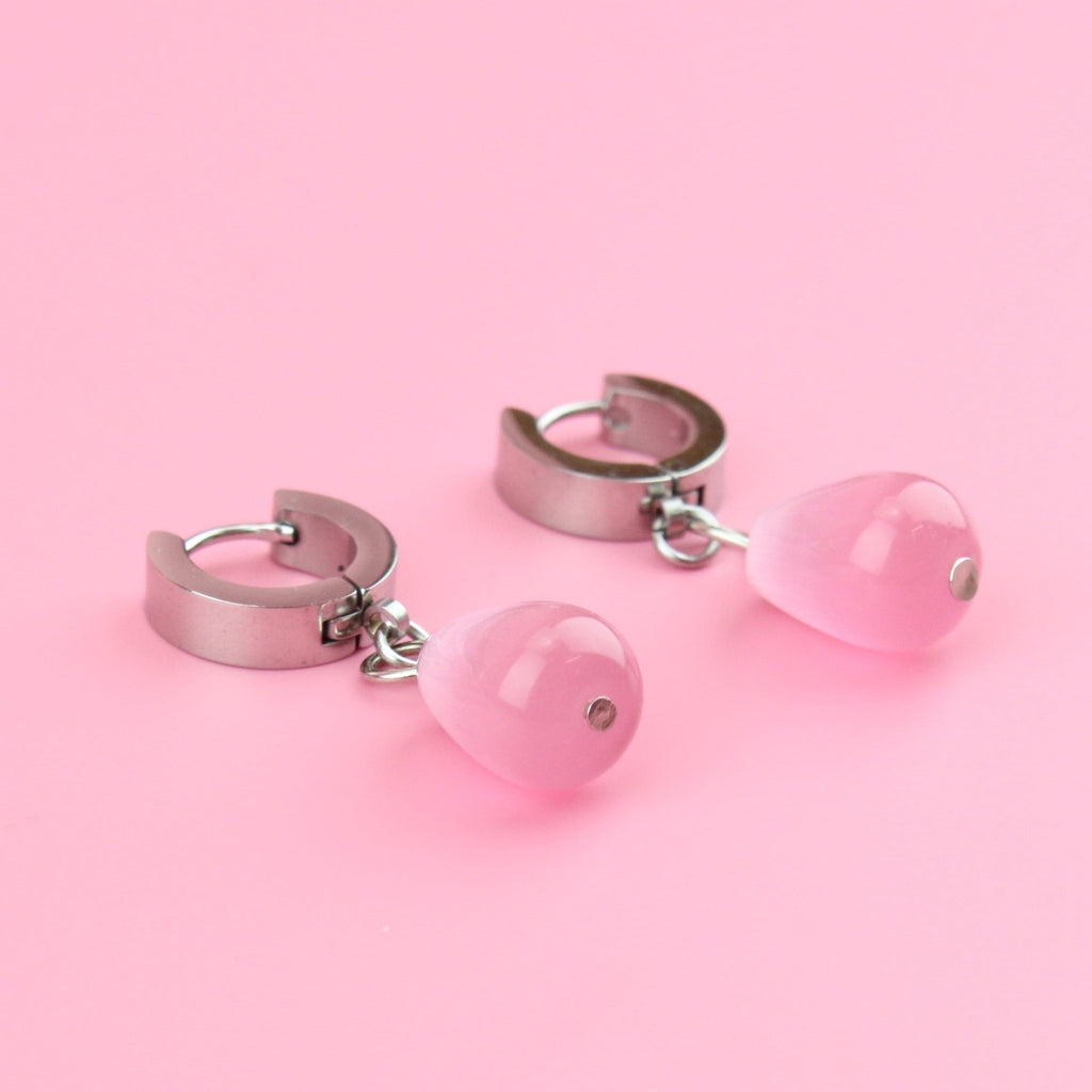 Pink Cats Eye Pear Huggie Hoop Earrings - Sour Cherry