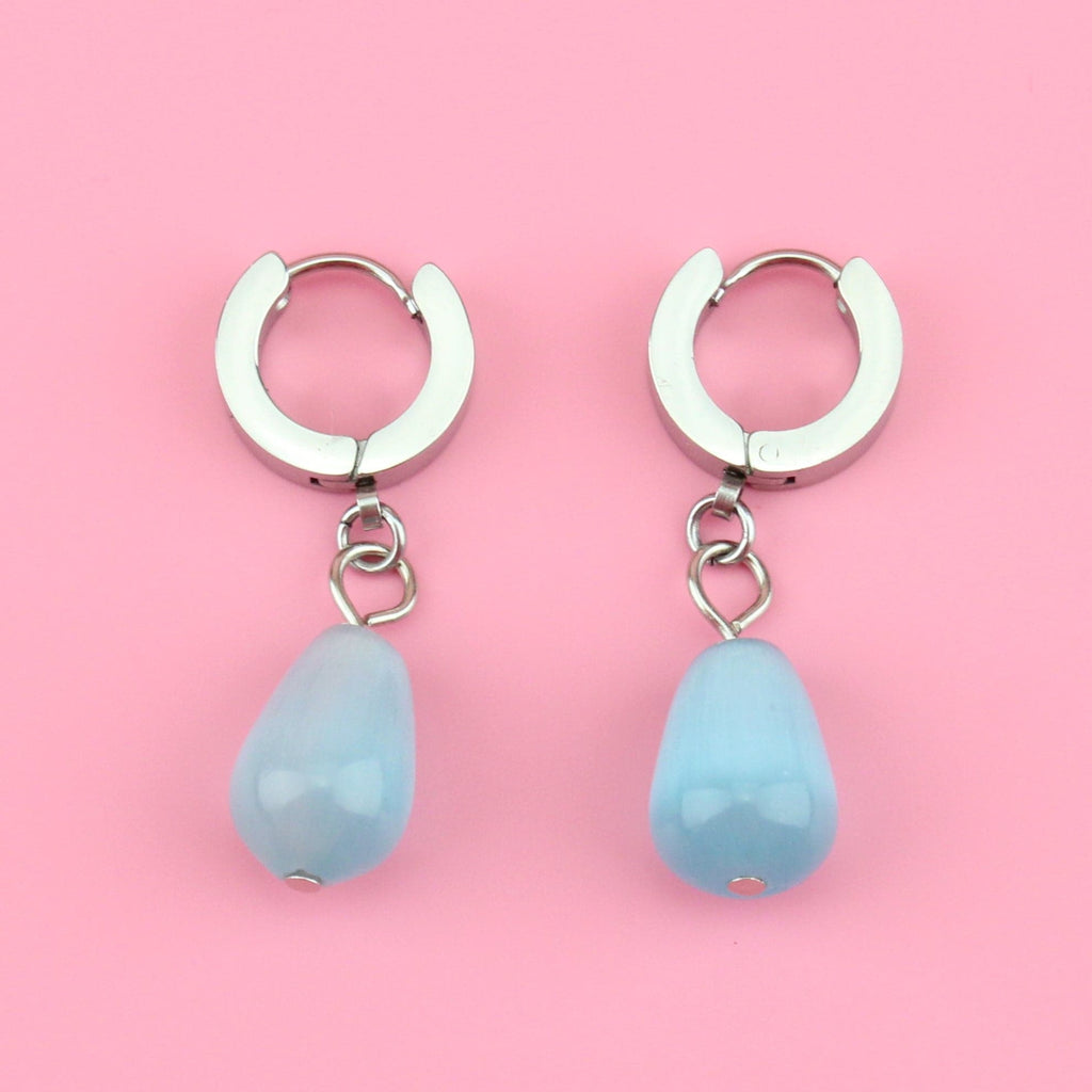 Blue Cats Eye Pear Huggie Hoop Earrings - Sour Cherry