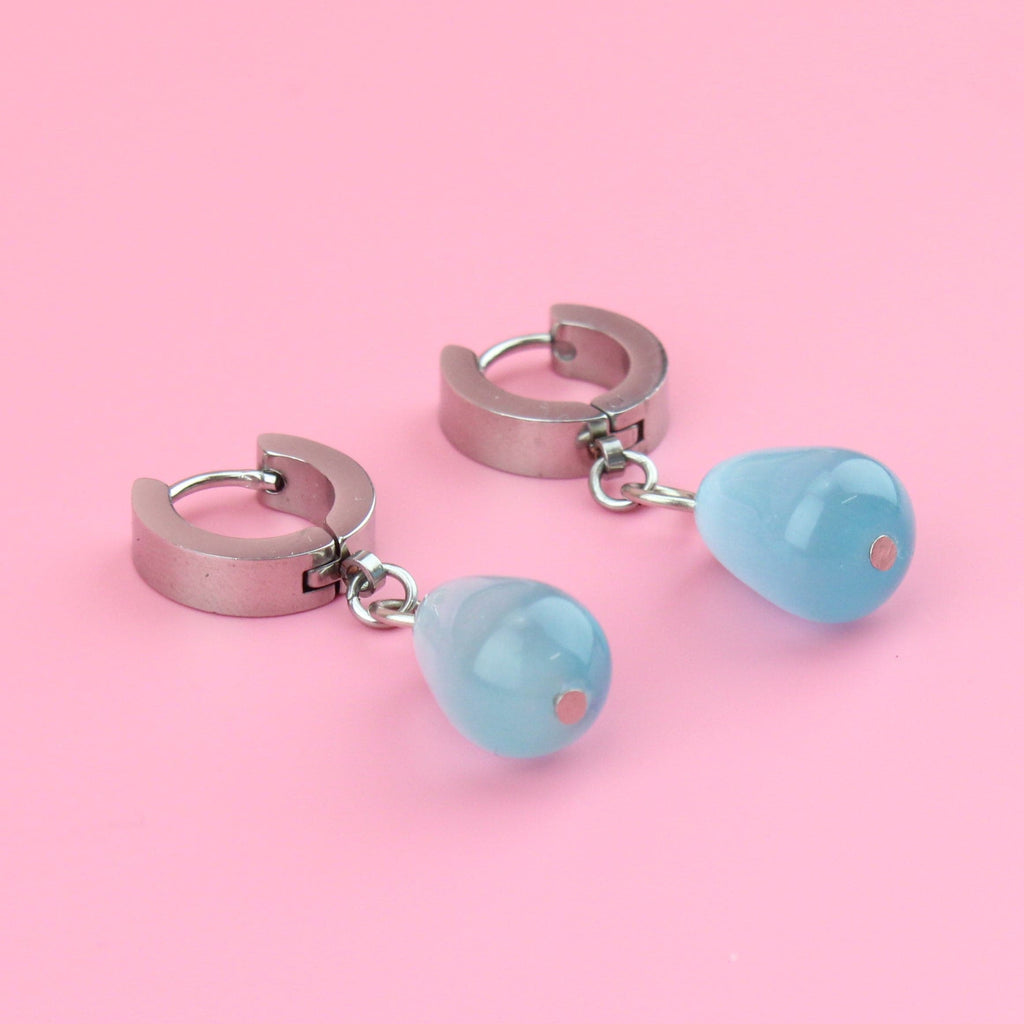 Blue Cats Eye Pear Huggie Hoop Earrings - Sour Cherry