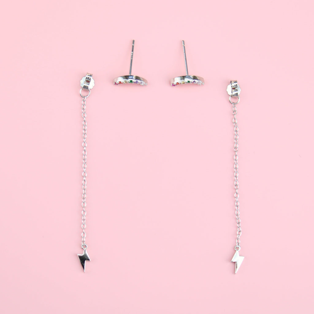 Rainbow gem stud earrings with drop lightning bolt backs