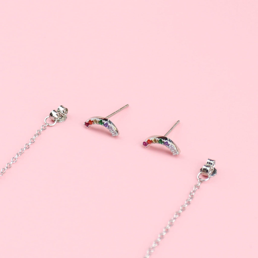 Rainbow gem stud earrings with drop lightning bolt backs