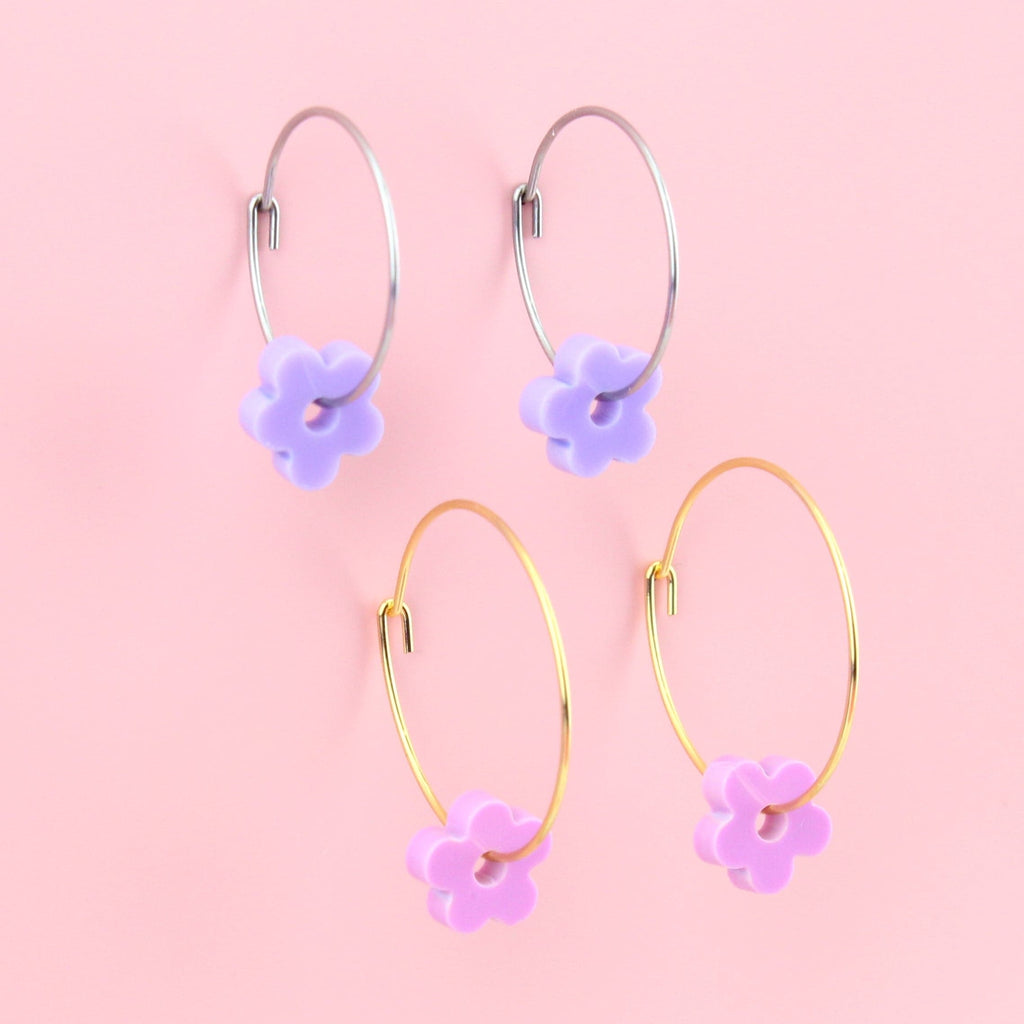 2 pack earring set - silver hoops with purple flower charms and gold hoops with pink flower charms