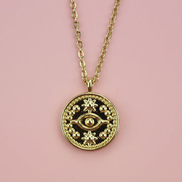 Gold plated stainless steel necklace with a circular evil eye talisman coin pendant