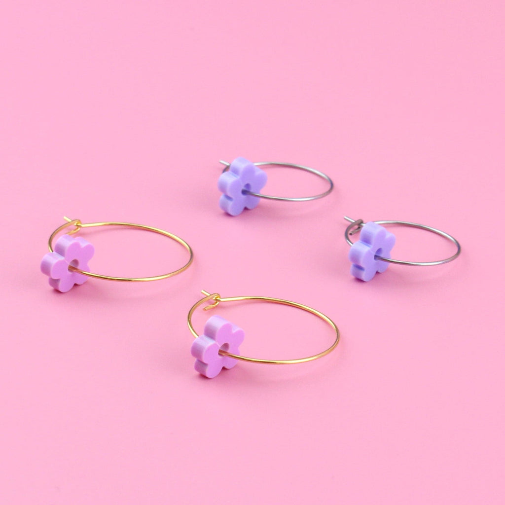 2 pack earring set - silver hoops with purple flower charms and gold hoops with pink flower charms