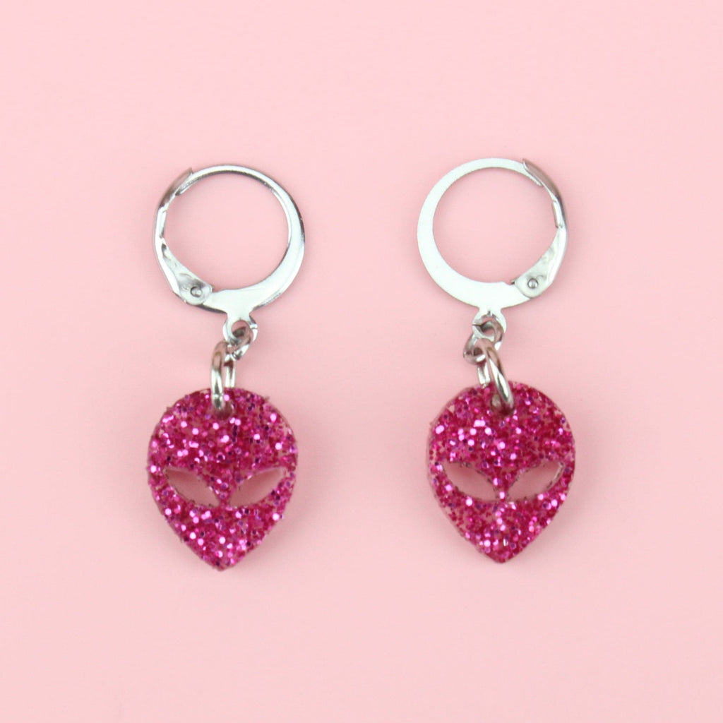 Pink Glitter Alien Hoop Earrings - Sour Cherry