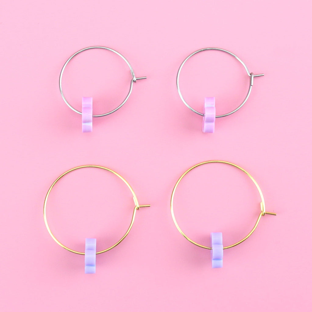 2 pack earring set - silver hoops with purple flower charms and gold hoops with pink flower charms