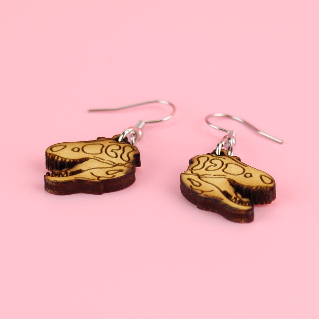 Wooden T-Rex Skull Earrings - Sour Cherry