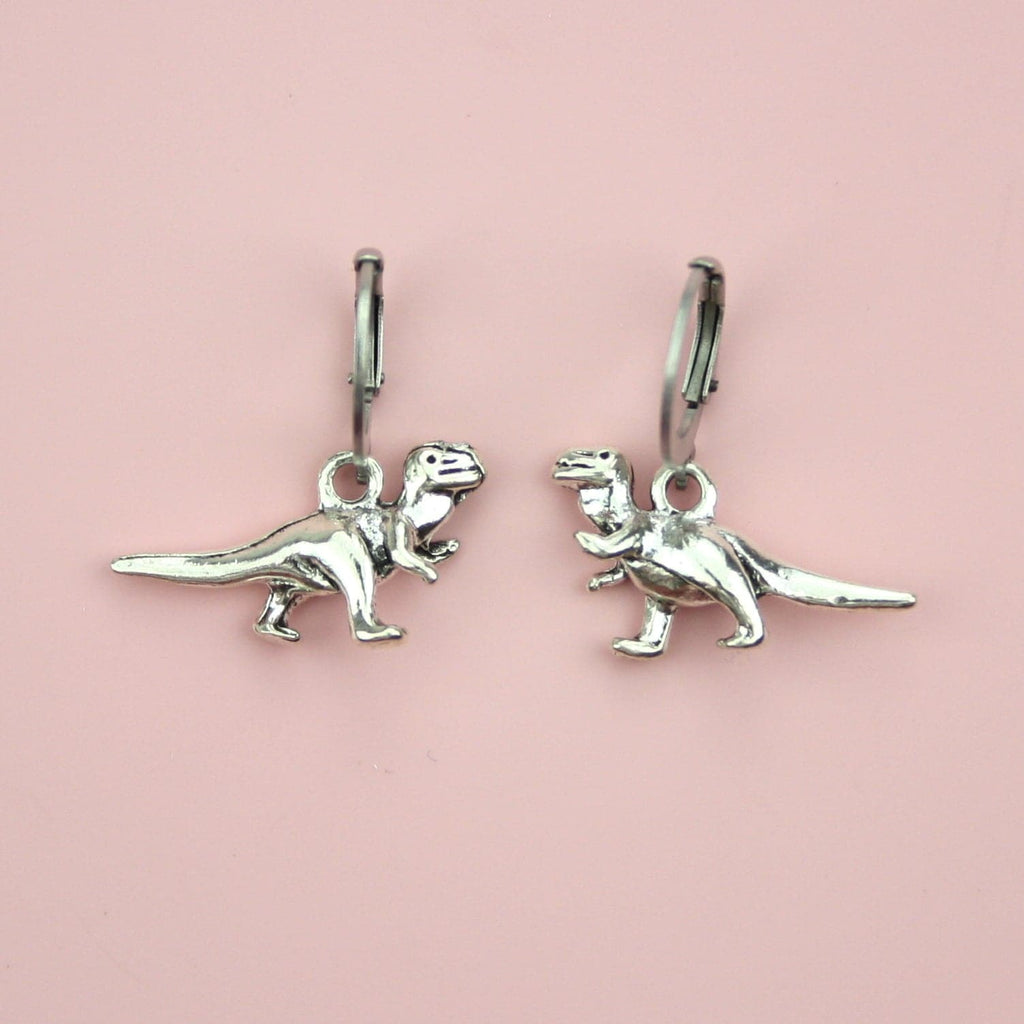 Stainless steel hoops with silver plated T-Rex charms