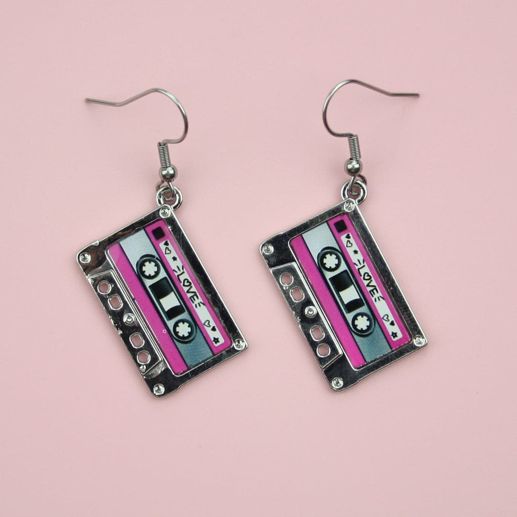 Mix tape charms with the label of the mixtape reading "love" with pink strips on the top and bottom on stainless steel earwires