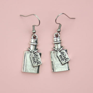 Alice in wonderland 'Drink Me' Silver Plated Earrings on Stainless Steal earwires