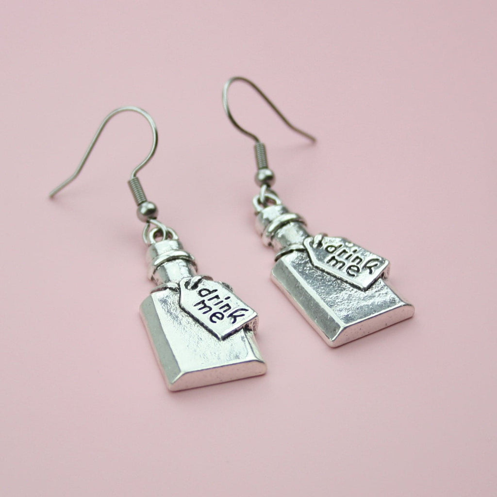 Alice in wonderland 'Drink Me' Silver Plated Earrings on Stainless Steal earwires