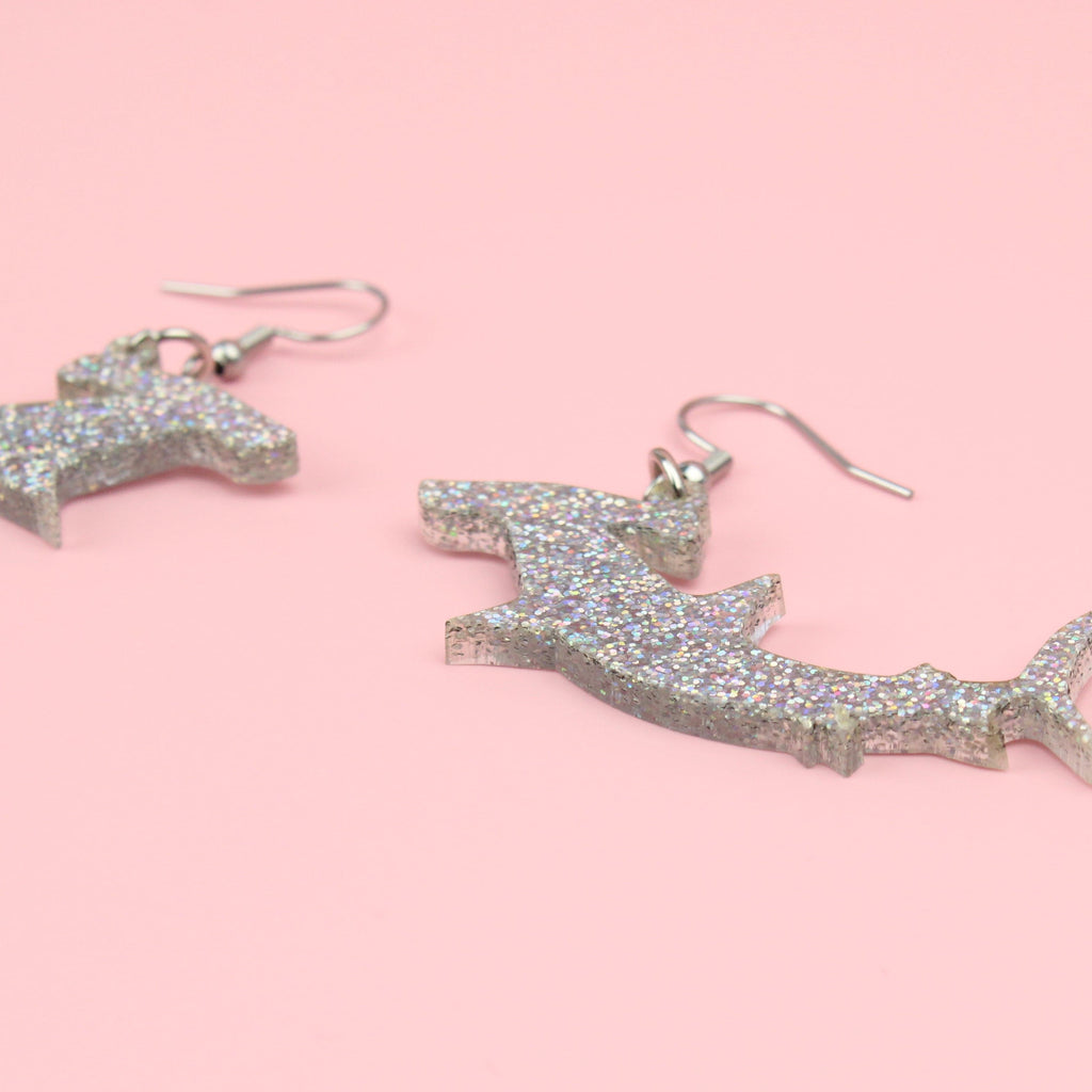 Large Holographic Hammerhead Shark Earrings - Sour Cherry