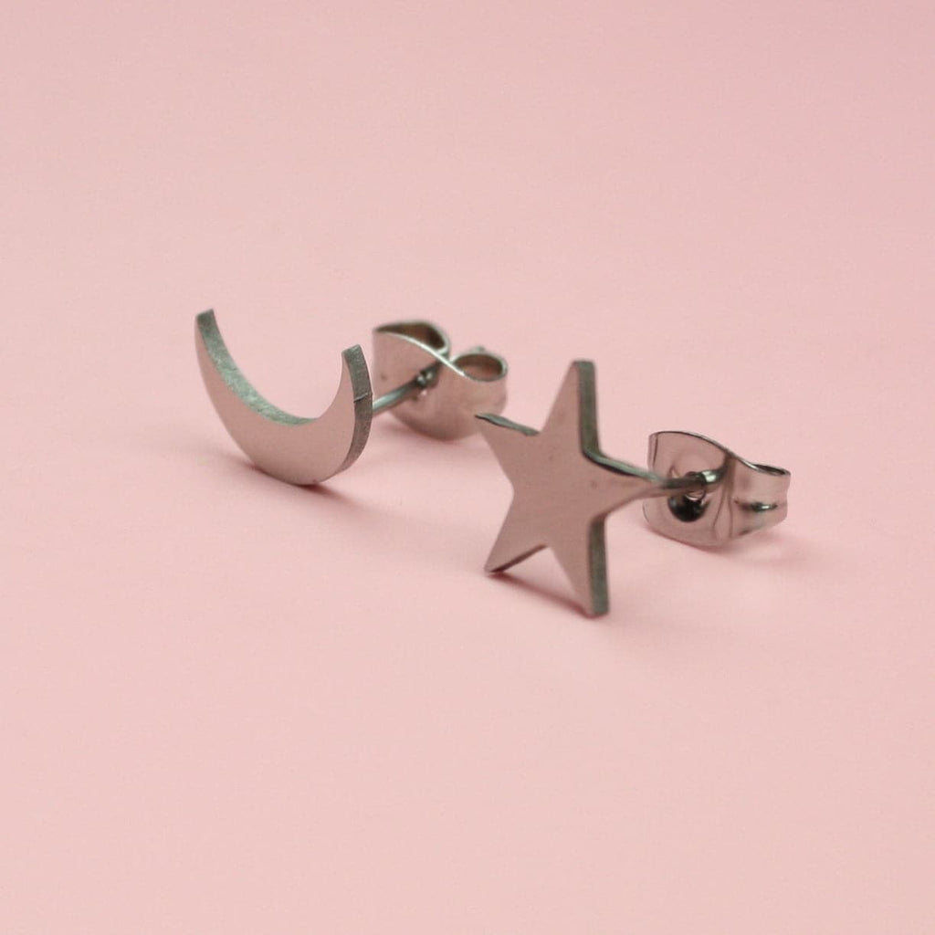 stainless steel crescent moon and star stud earrings