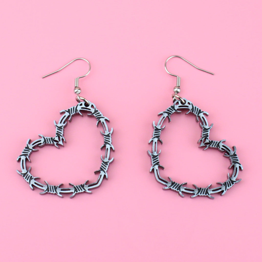 Silver Barbed Wire Heart Earrings - Sour Cherry