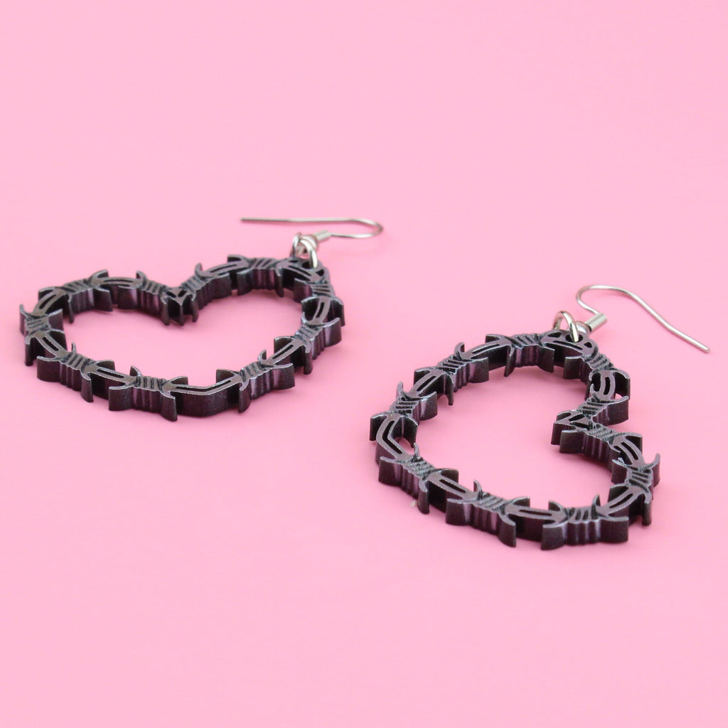 Silver Barbed Wire Heart Earrings - Sour Cherry