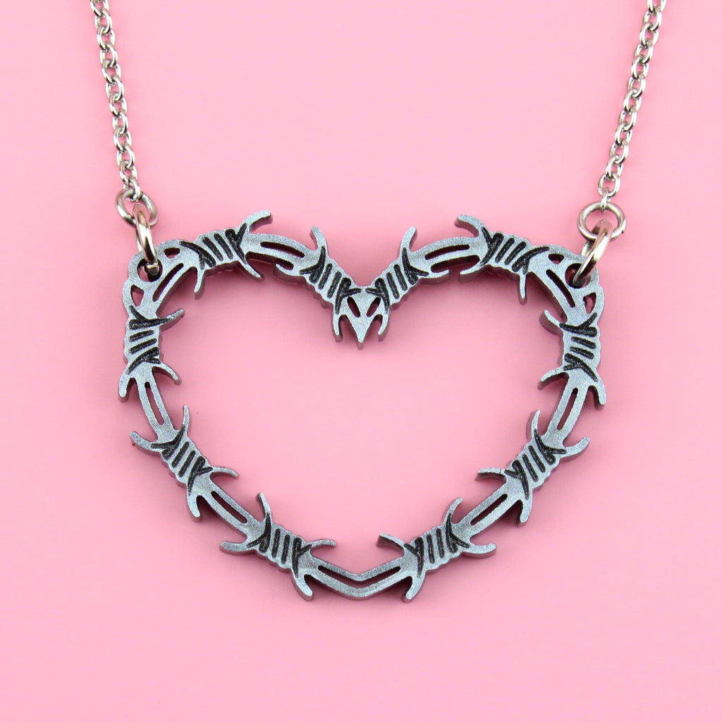 Silver Barbed Wire Heart Necklace - Sour Cherry