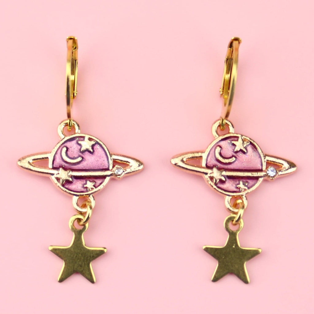 Purple and gold planet and star charms on Gold Plated Stainless Steel hoops