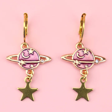 Purple and gold planet and star charms on Gold Plated Stainless Steel hoops