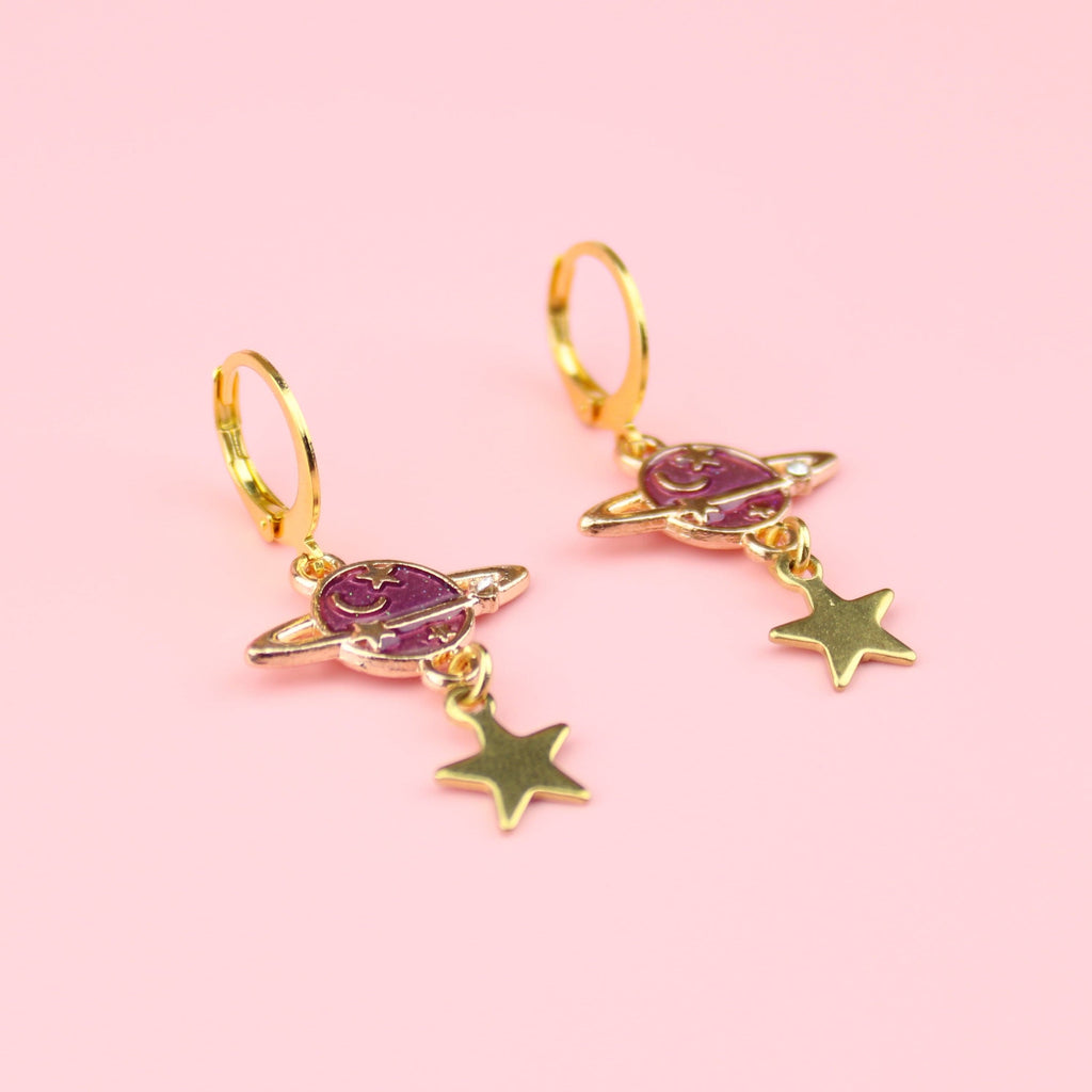 Purple and gold planet and star charms on Gold Plated Stainless Steel hoops