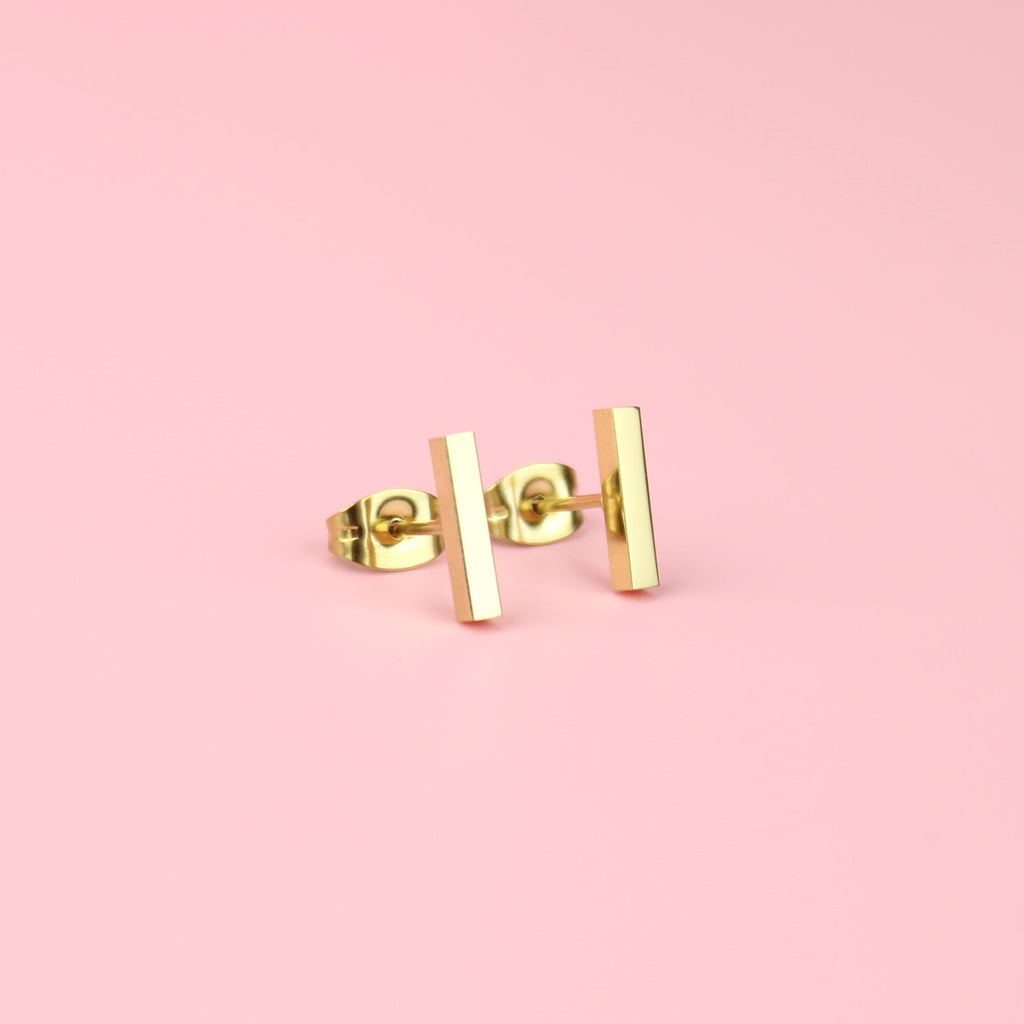 Gold Plated Stainless Steel Vertical Bar Stud Earrings