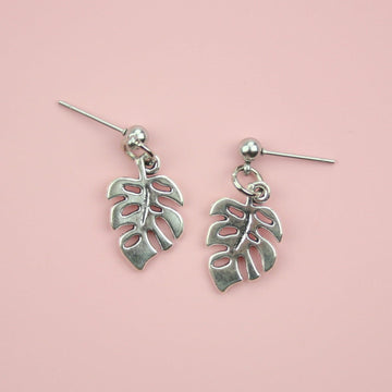 Silver plated monstera leaf charms on stainless steel studs