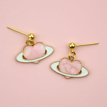 Pink Heart Planet Stud Earrings - Sour Cherry