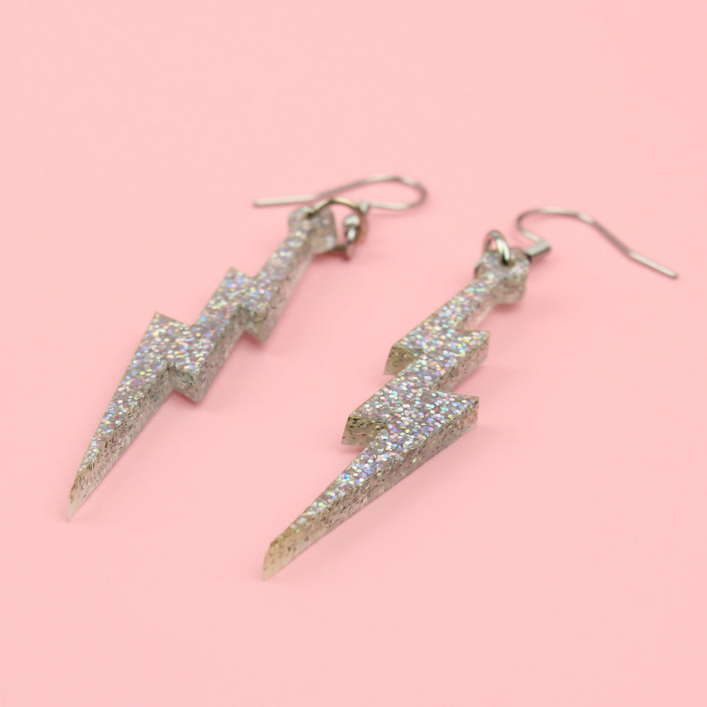 Laser-cut Holographic Perspex Silver Glitter Lightning Bolt Earrings on stainless steel earwires