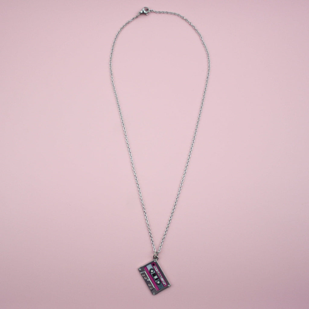 Stainess steel chain with a pendant featuring a mix tape titled the word 'love' surrounded by hearts, the top and bottom of the mix tape is pink