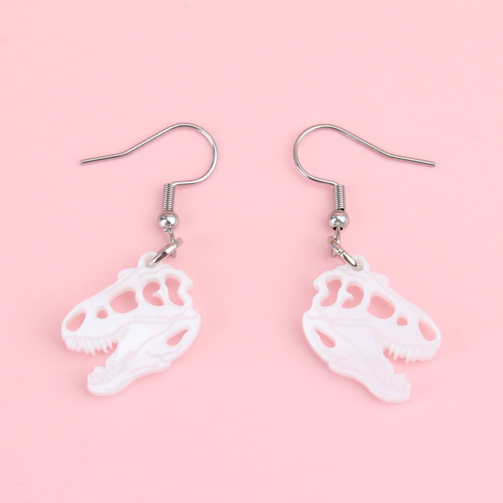 White Marble Perspex T-Rex Charms on stainless steel earwires
