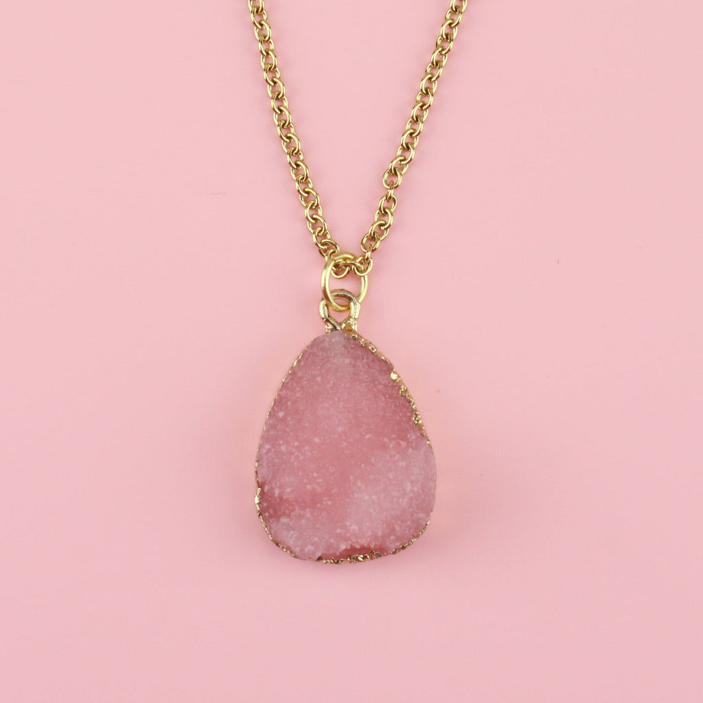 Resin Pink Pear Drop Druzy pendant on an 18 inch gold plated stainless steel chain.