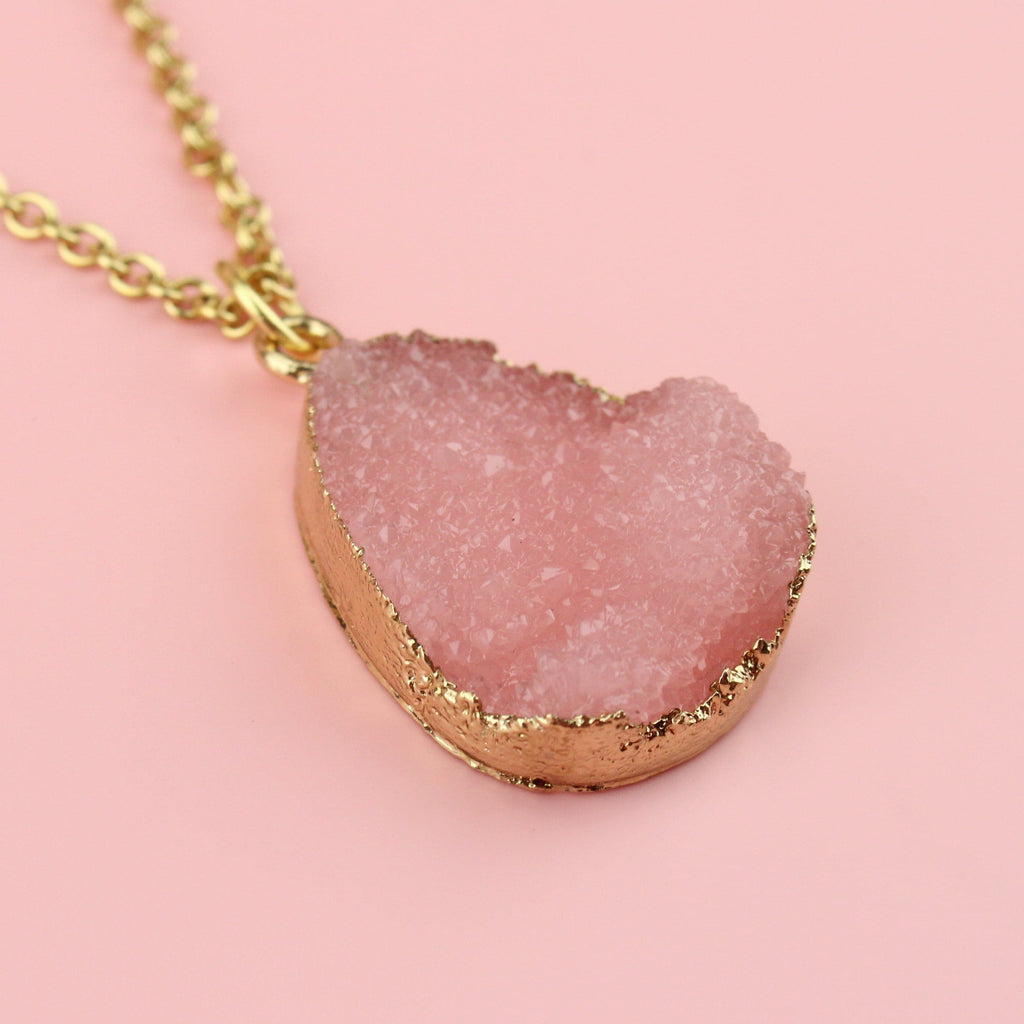 Resin Pink Pear Drop Druzy pendant on an 18 inch gold plated stainless steel chain.