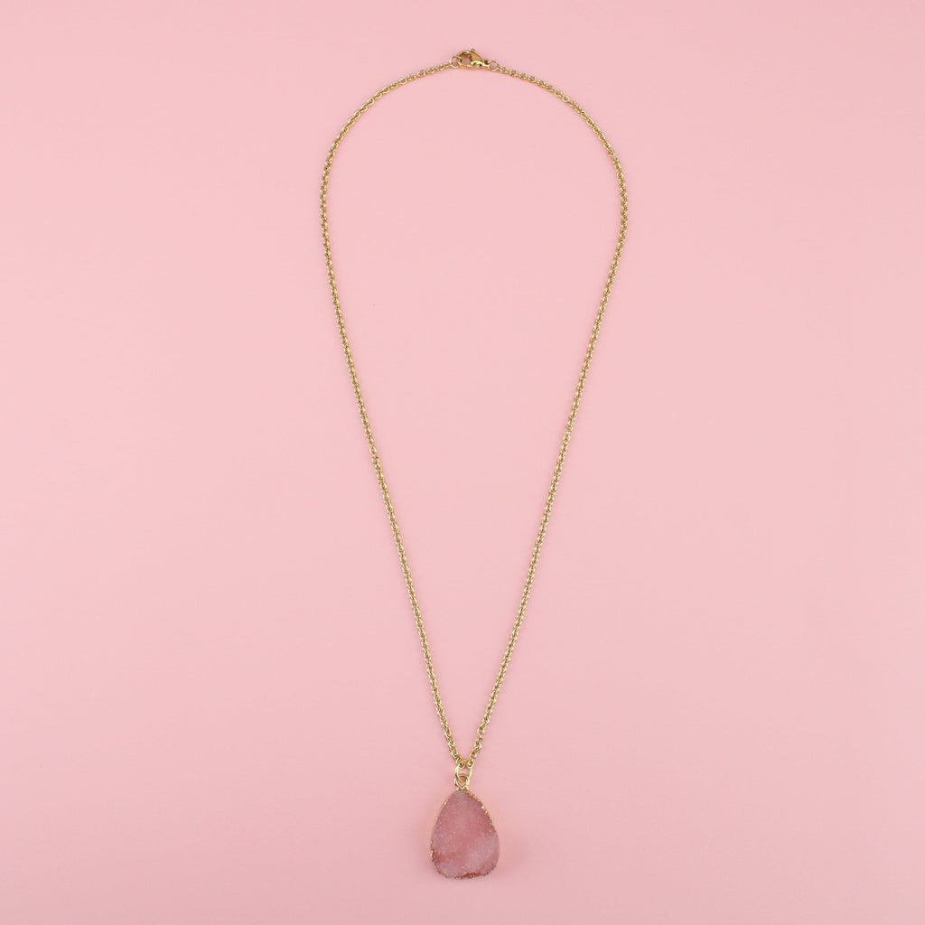 Resin Pink Pear Drop Druzy pendant on an 18 inch gold plated stainless steel chain.