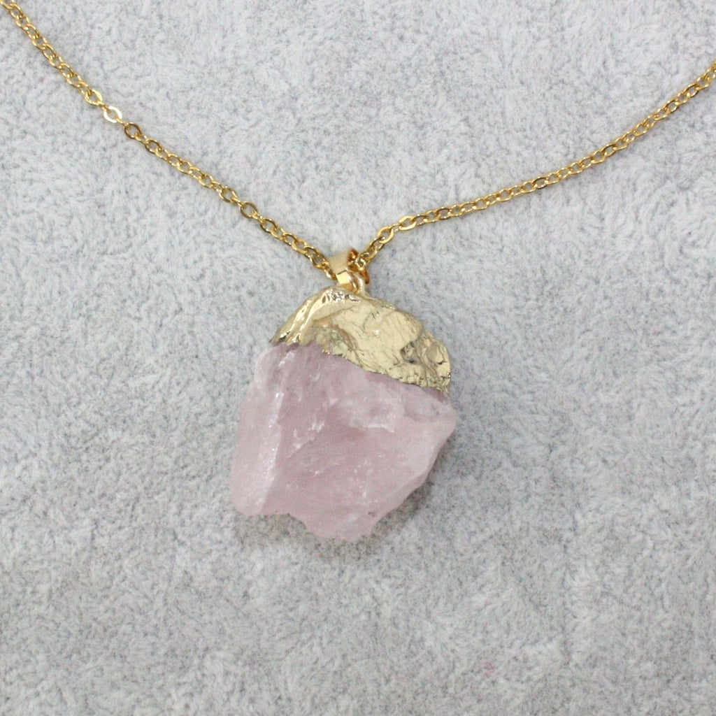 Raw Rose Quartz & Gold Leaf Necklace - Sour Cherry