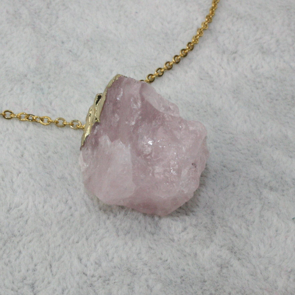 Raw Rose Quartz & Gold Leaf Necklace - Sour Cherry