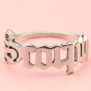 Stainless Steel Ring showing the word 'Scorpio' presented in an Old English font