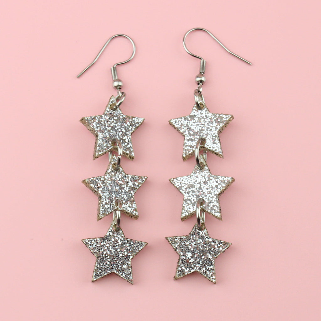 Silver Glitter Star Trio Earrings - Sour Cherry