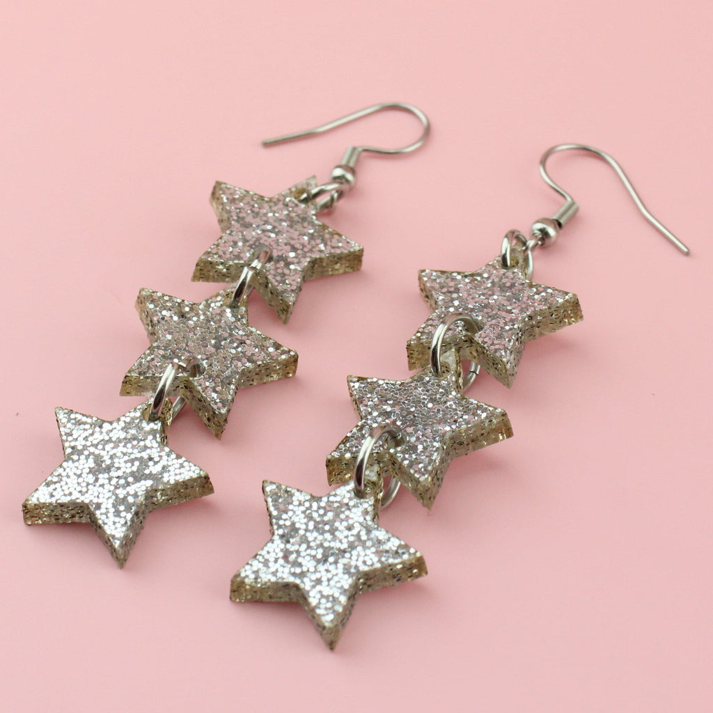 Silver Glitter Star Trio Earrings - Sour Cherry