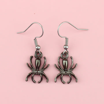 Gunmetal black spider charms on stainless steel earwires