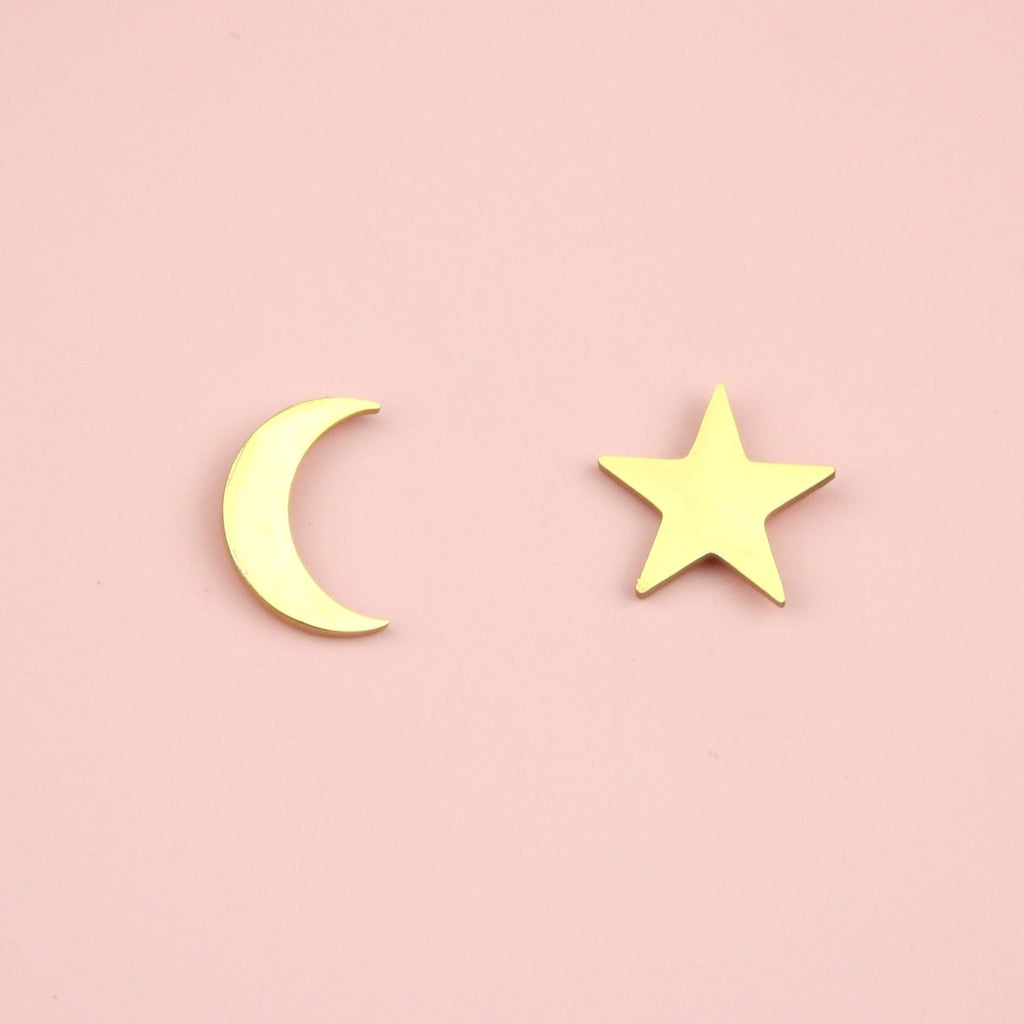 Star & Crescent Moon Stud Earrings (Gold Plated) - Sour Cherry