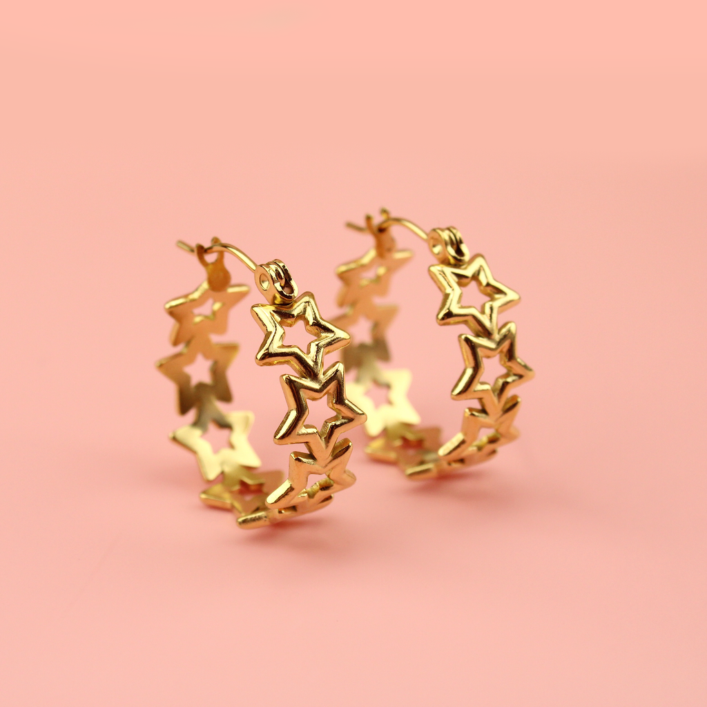 Gold plated stainless steel hoops made up of cut out stars